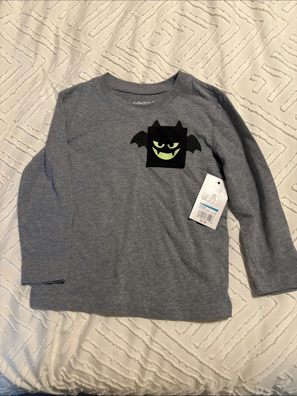 Halloween Cat & Jack Gray Long Sleeve Tee with Black Bat Pocket and Lime Face